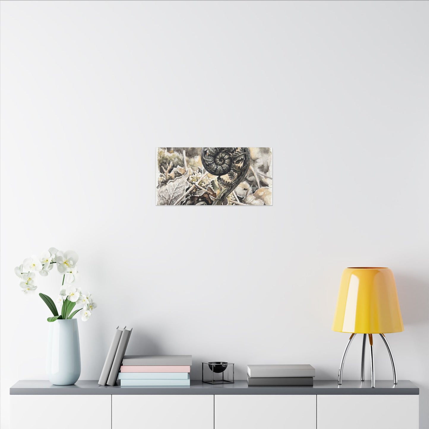 Japandi Fern Unfurling in Golden Hour | Watercolor Canvas Art