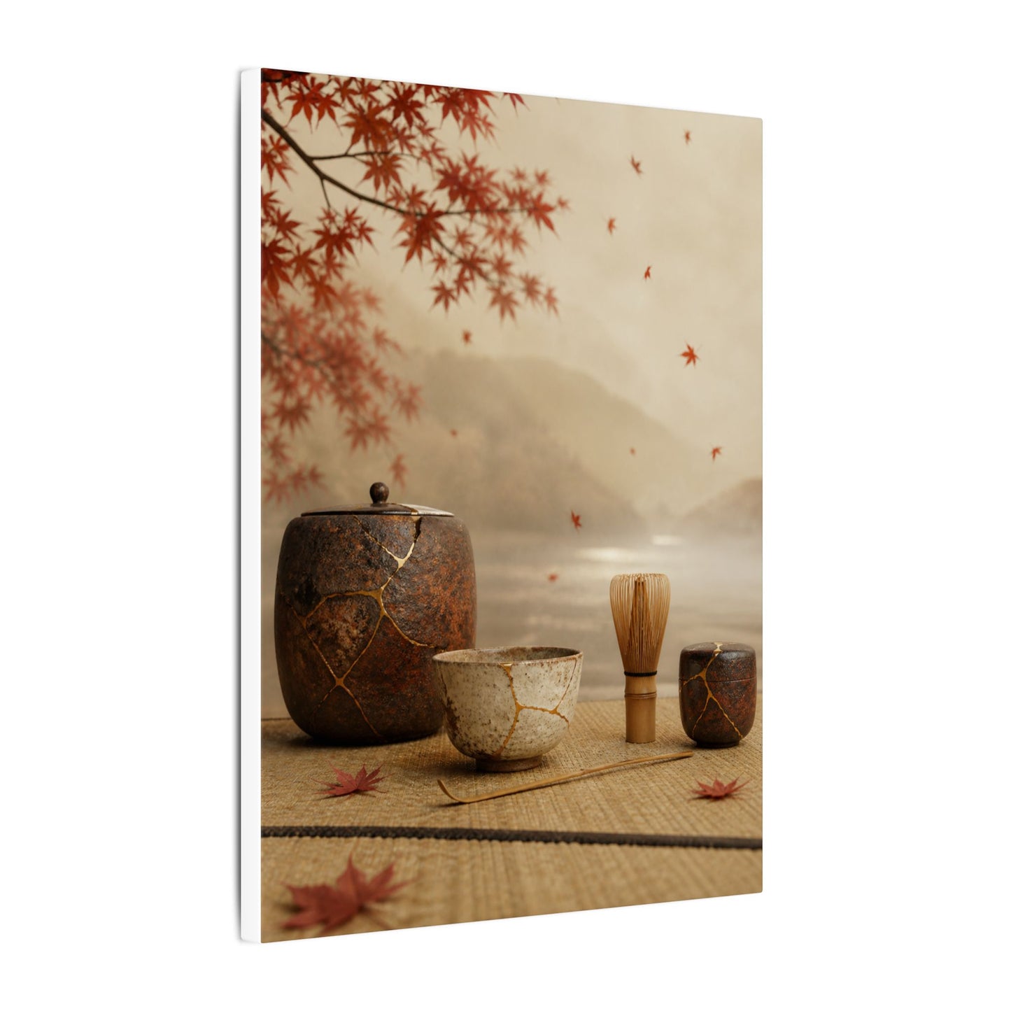 Tea Ceremony Canvas Art | Autumn Kintsugi Gold Vein Art