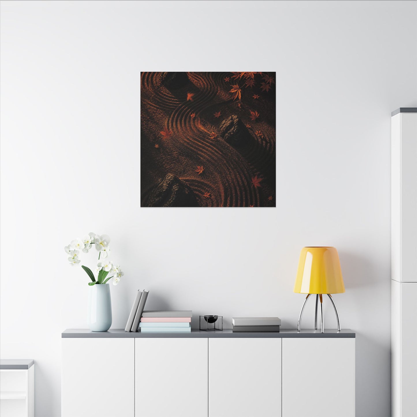 Dark Japandi Rock Garden in Golden Hour | Charcoal Ink Canvas Art