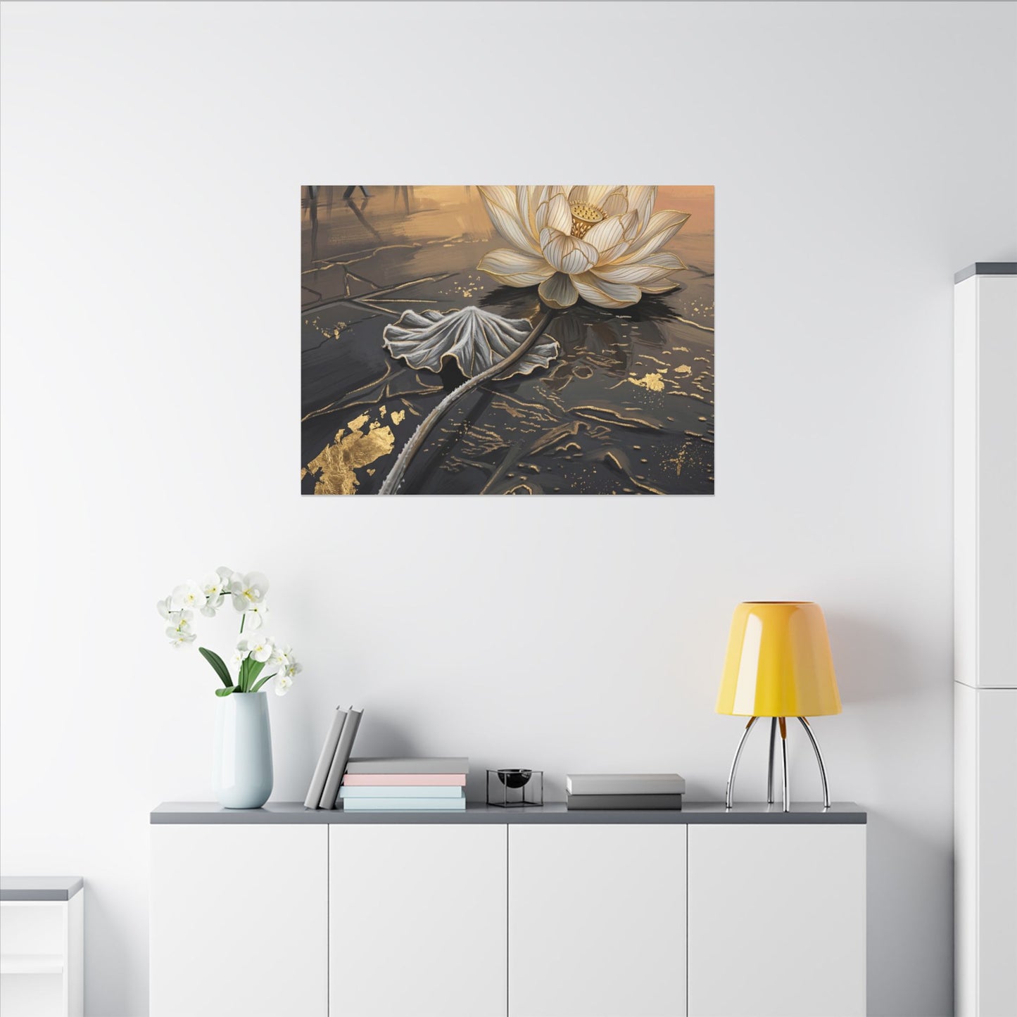 Kintsugi Lotus Flower in Golden Hour | Gold Vein Canvas Art