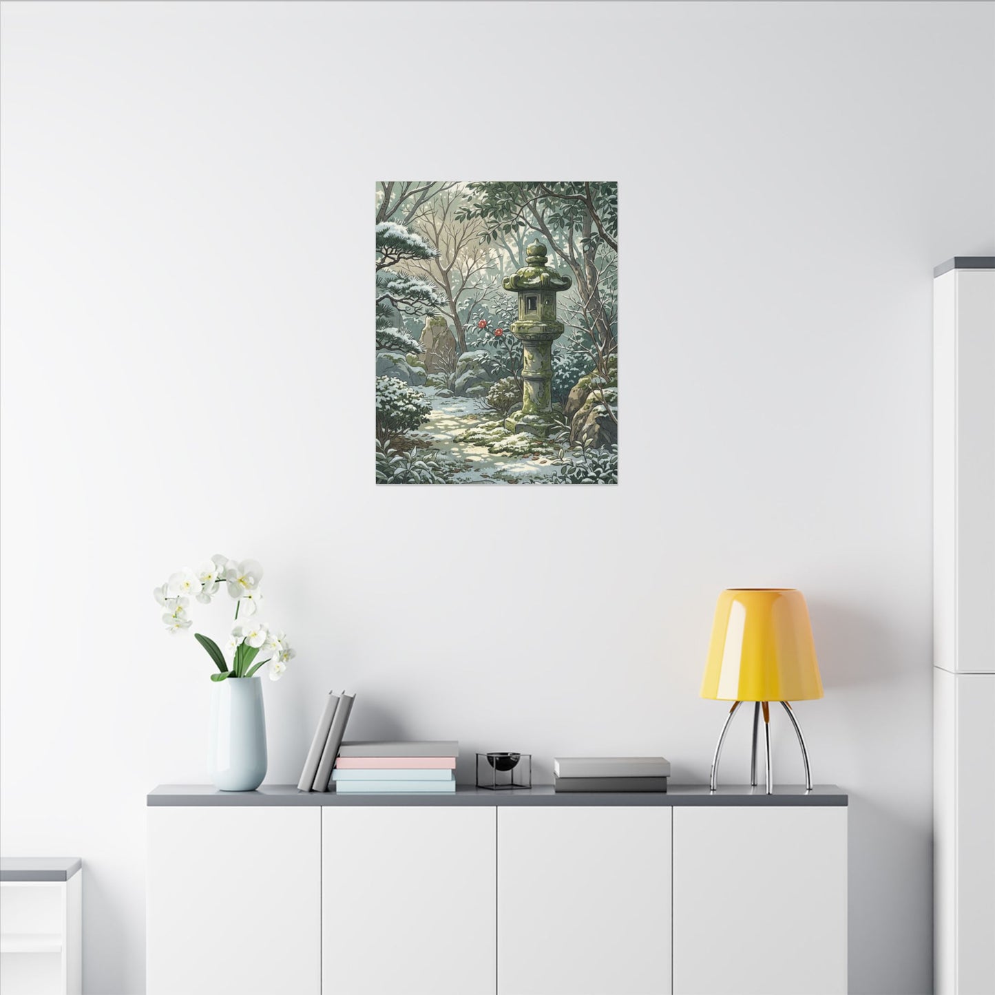 Stone Lantern Winter Canvas Art | Japandi Warm Design