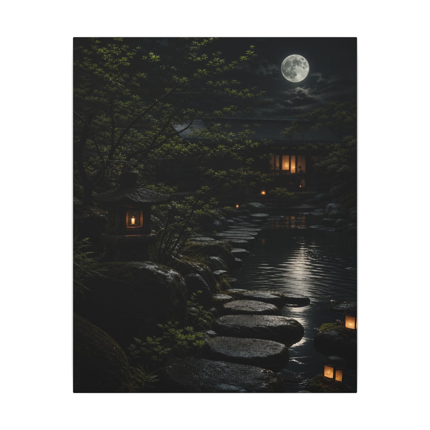 Moonlit Garden Shadow Zen Canvas Art | Sophisticated Dark Japandi Art