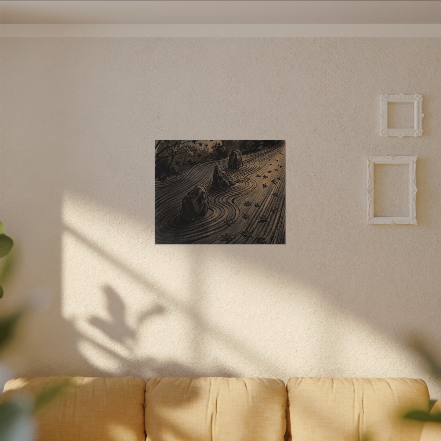 Rock Garden Canvas Art | Autumn Dark Japandi Charcoal Ink Art