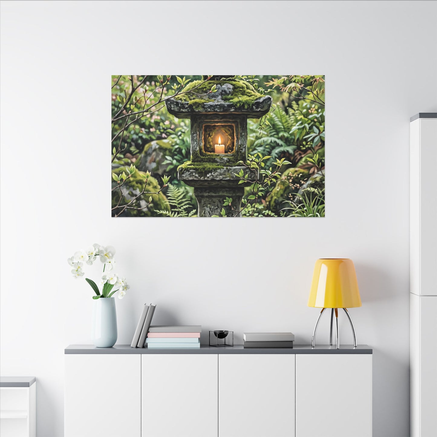 Neutral Stone Lantern Canvas Art - Japanese Pattern Japandi