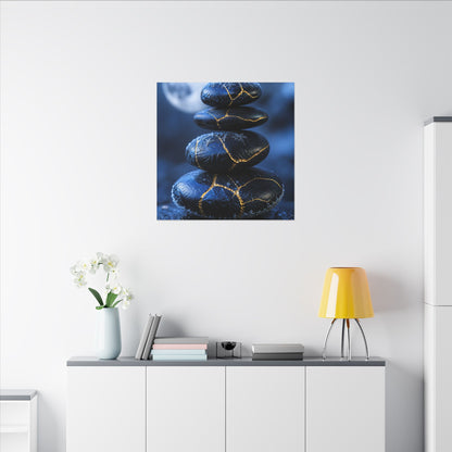 River Stones Canvas Art | Winter Kintsugi Gold Repair Art