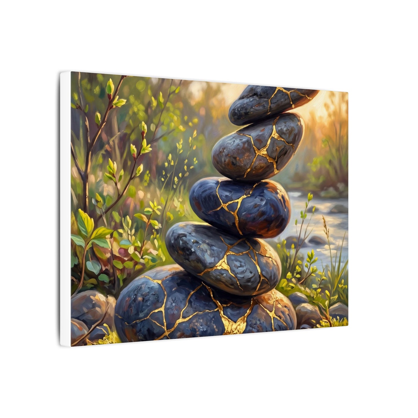 Spring River Stones Gold Repair Canvas Art | Healing Decor