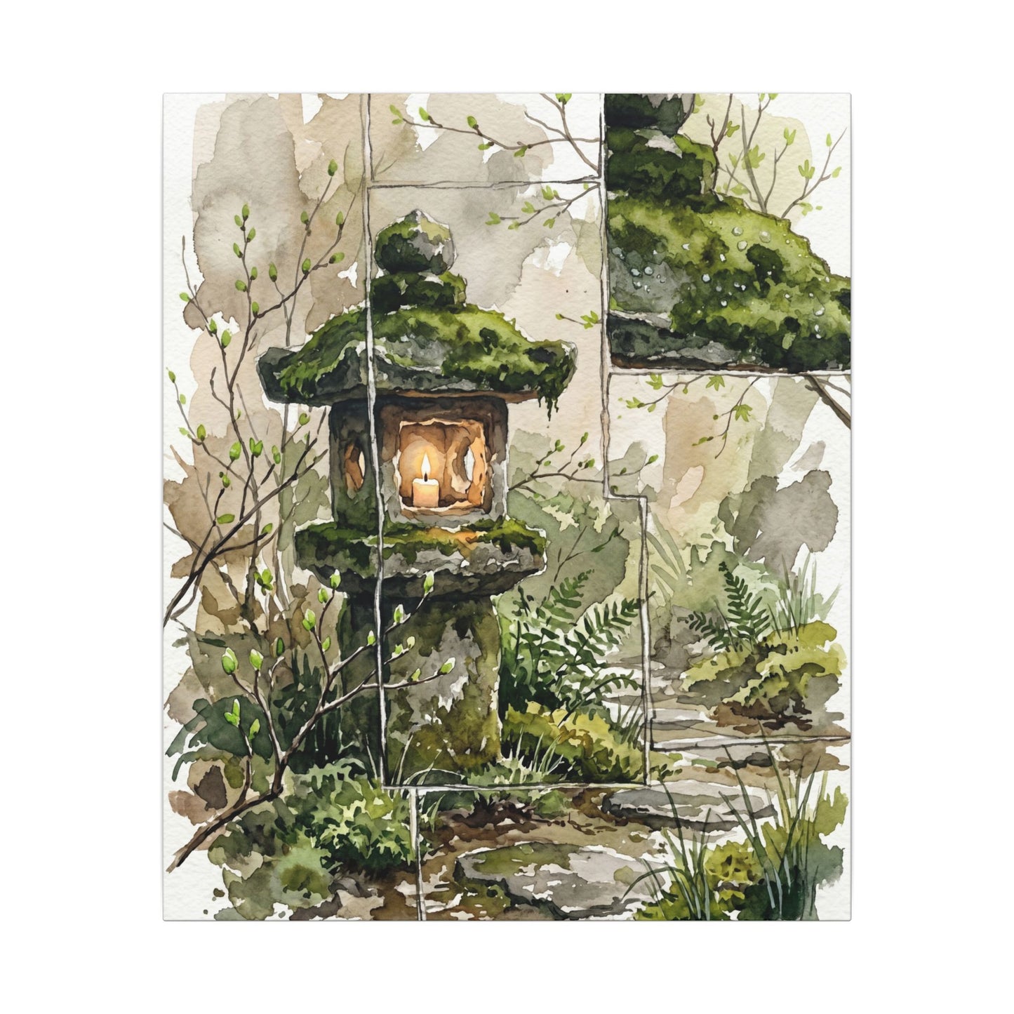 Stone Lantern Watercolor Canvas Art | Elegant Japandi Art