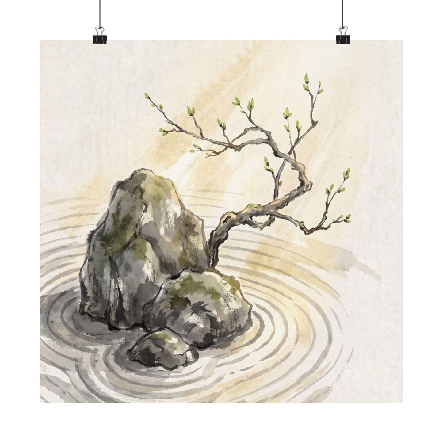 Zen Rock Garden in Golden Hour | Sumi E Wall Art Print