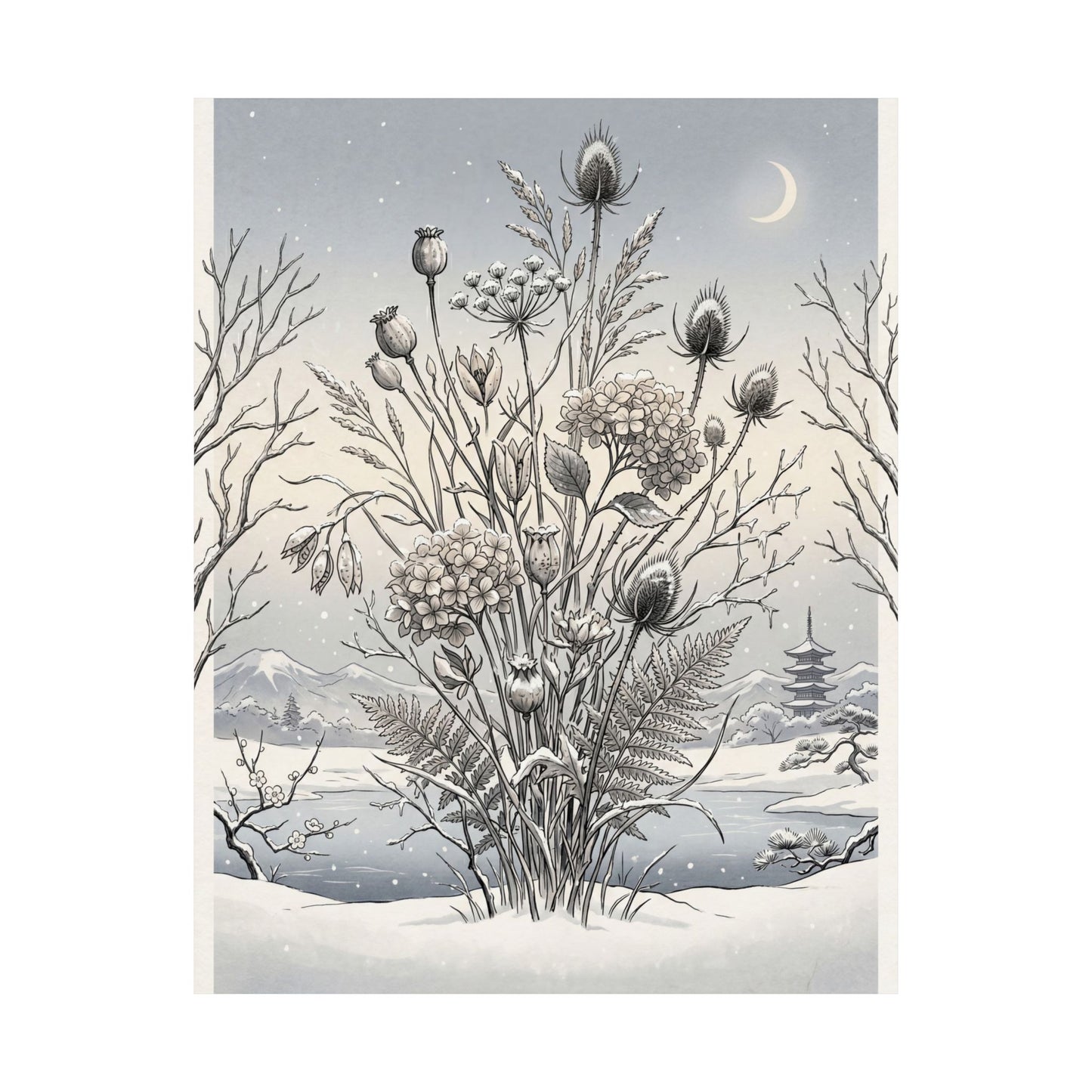 Zen Dried Flowers in Dawn | Ukiyo E Inspired Wall Art Print