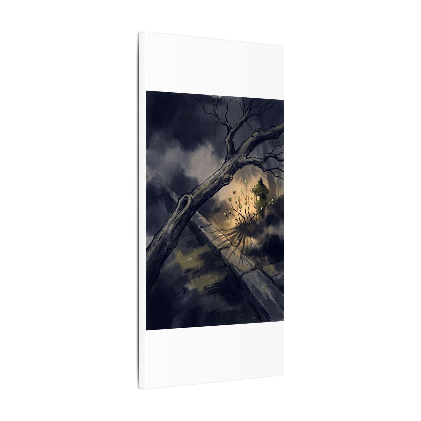 Dark Japandi Moonlit Garden in Golden Hour | Charcoal Ink Canvas Art