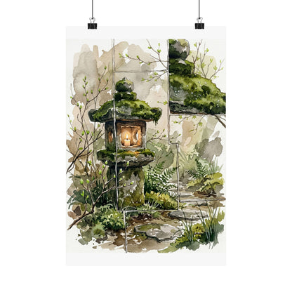 Stone Lantern Spring Wall Art Print | Japandi Neutral Design