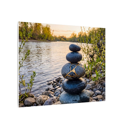 Kintsugi River Stones in Golden Hour | Gold Vein Canvas Art