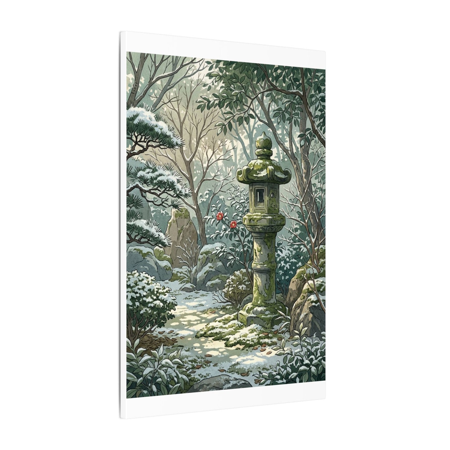 Stone Lantern Winter Canvas Art | Japandi Warm Design