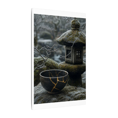 Stone Lantern Canvas Art | Winter Kintsugi Gold Repair Art
