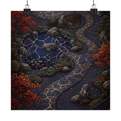 Moonlit Garden Wall Art Print | Autumn Kintsugi Gold Vein Art