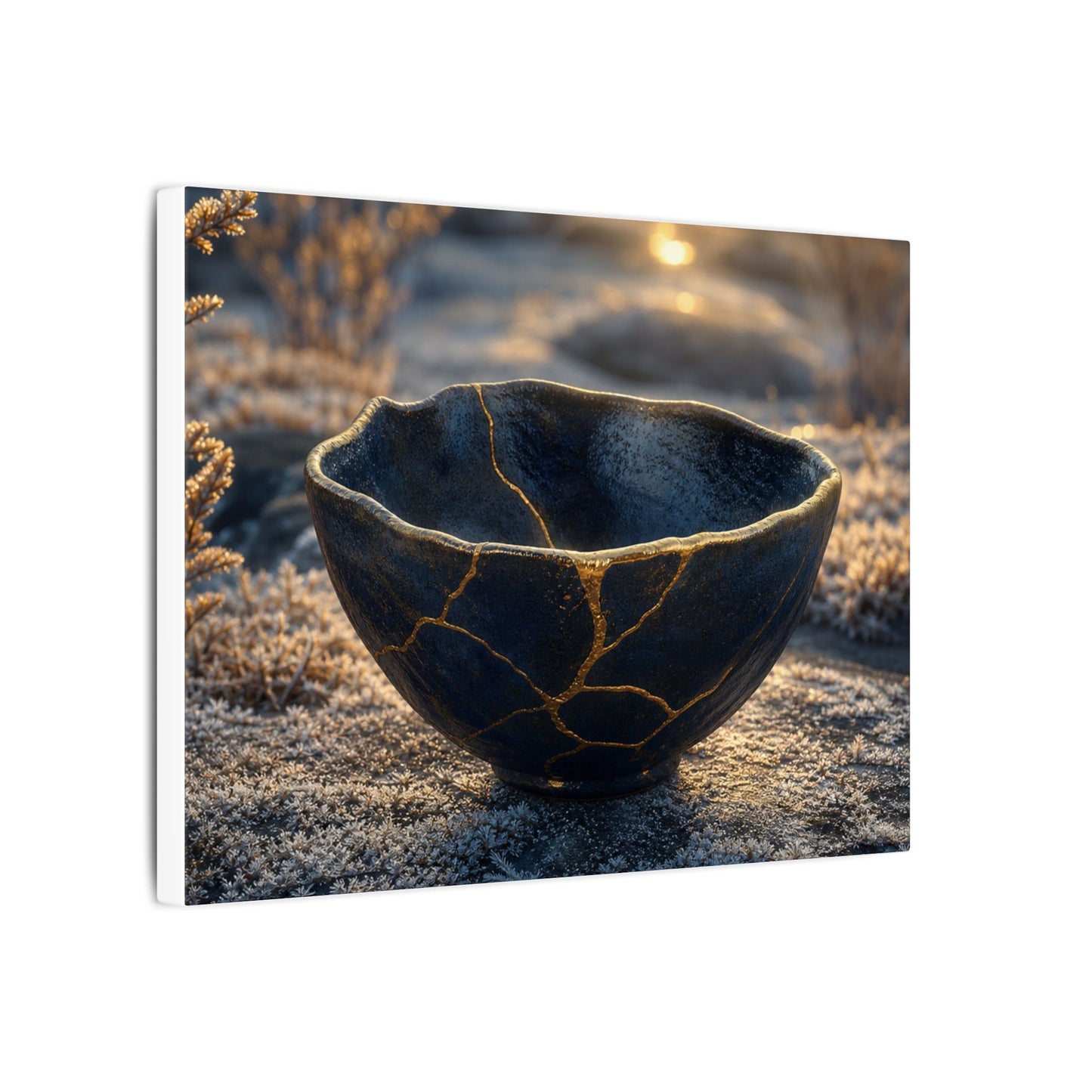 Ceramic Bowl Canvas Art | Winter Kintsugi Gold Repair Art