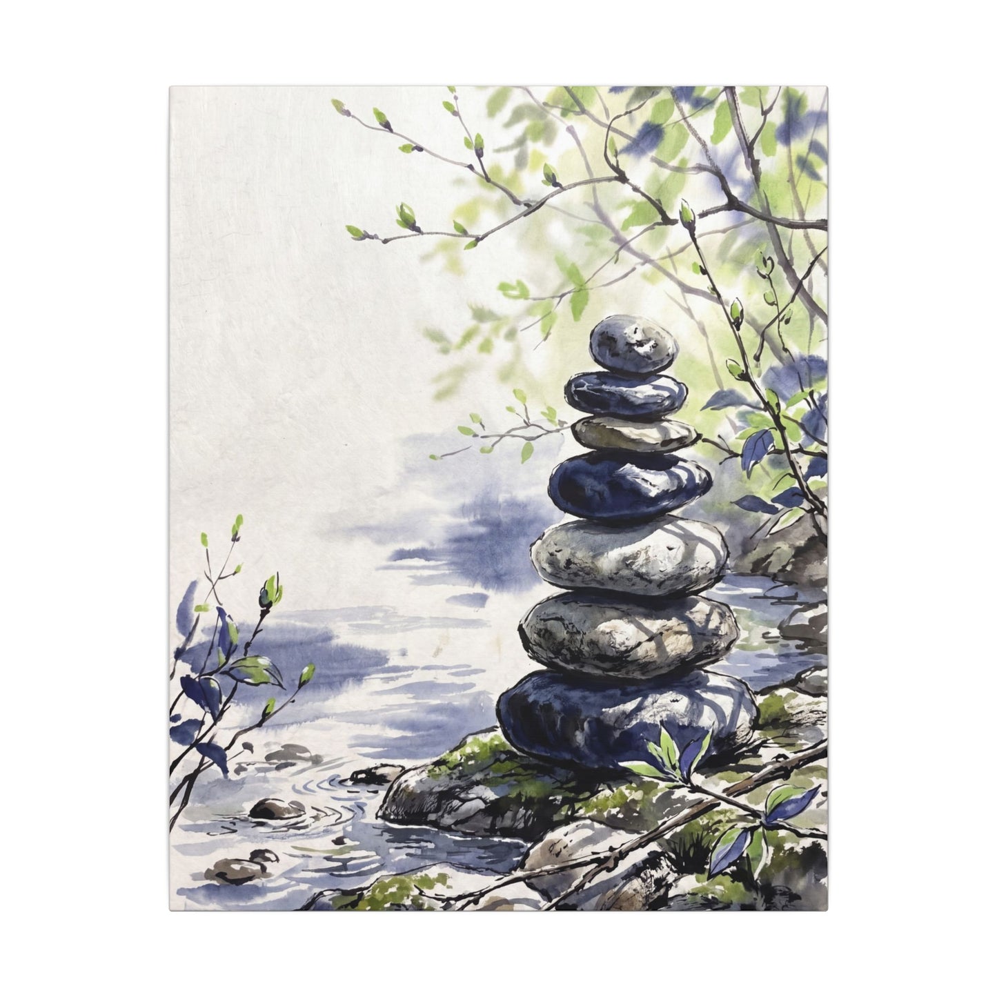River Stones Sumi E Canvas Art | Serene Zen Art