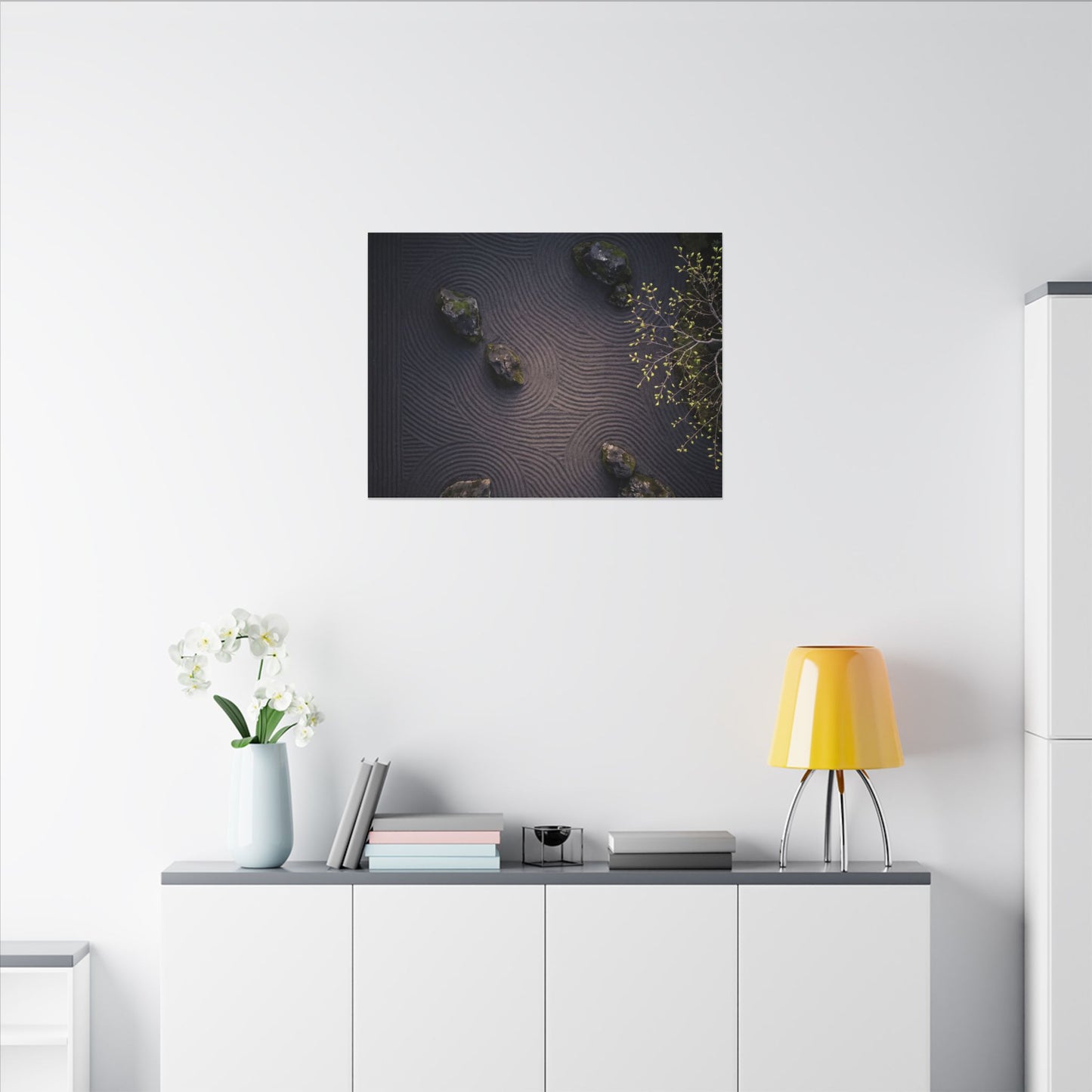 Dark Japandi Rock Garden in Dawn | Shadow Zen Canvas Art