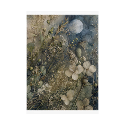 Japandi Dried Flowers in Moonlight | Watercolor Wall Art Print