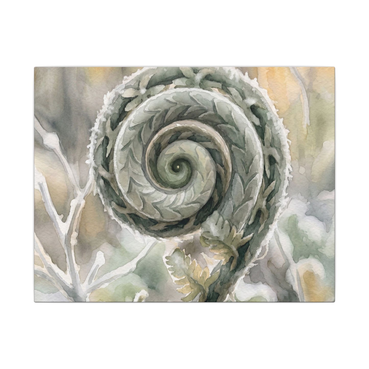 Winter Fern Unfurling Watercolor Canvas Art | Cozy Decor