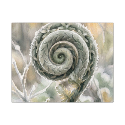 Winter Fern Unfurling Watercolor Canvas Art | Cozy Decor