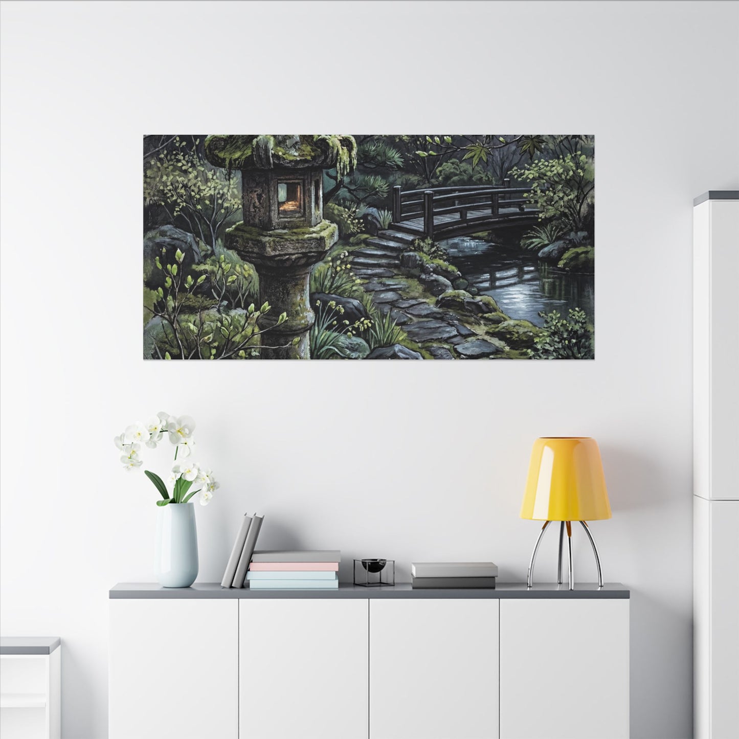 Japandi Stone Lantern in Moonlight | Texture Canvas Art