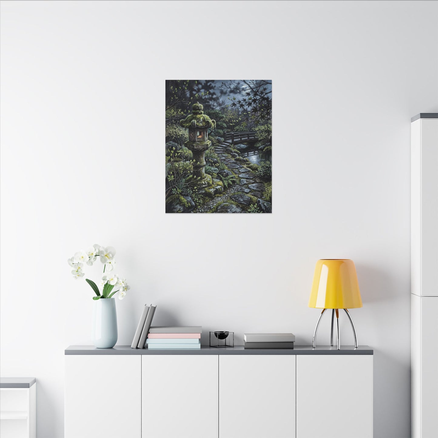 Japandi Stone Lantern in Moonlight | Texture Canvas Art