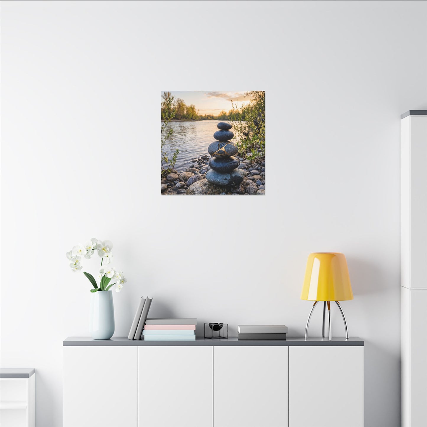 Kintsugi River Stones in Golden Hour | Gold Vein Canvas Art