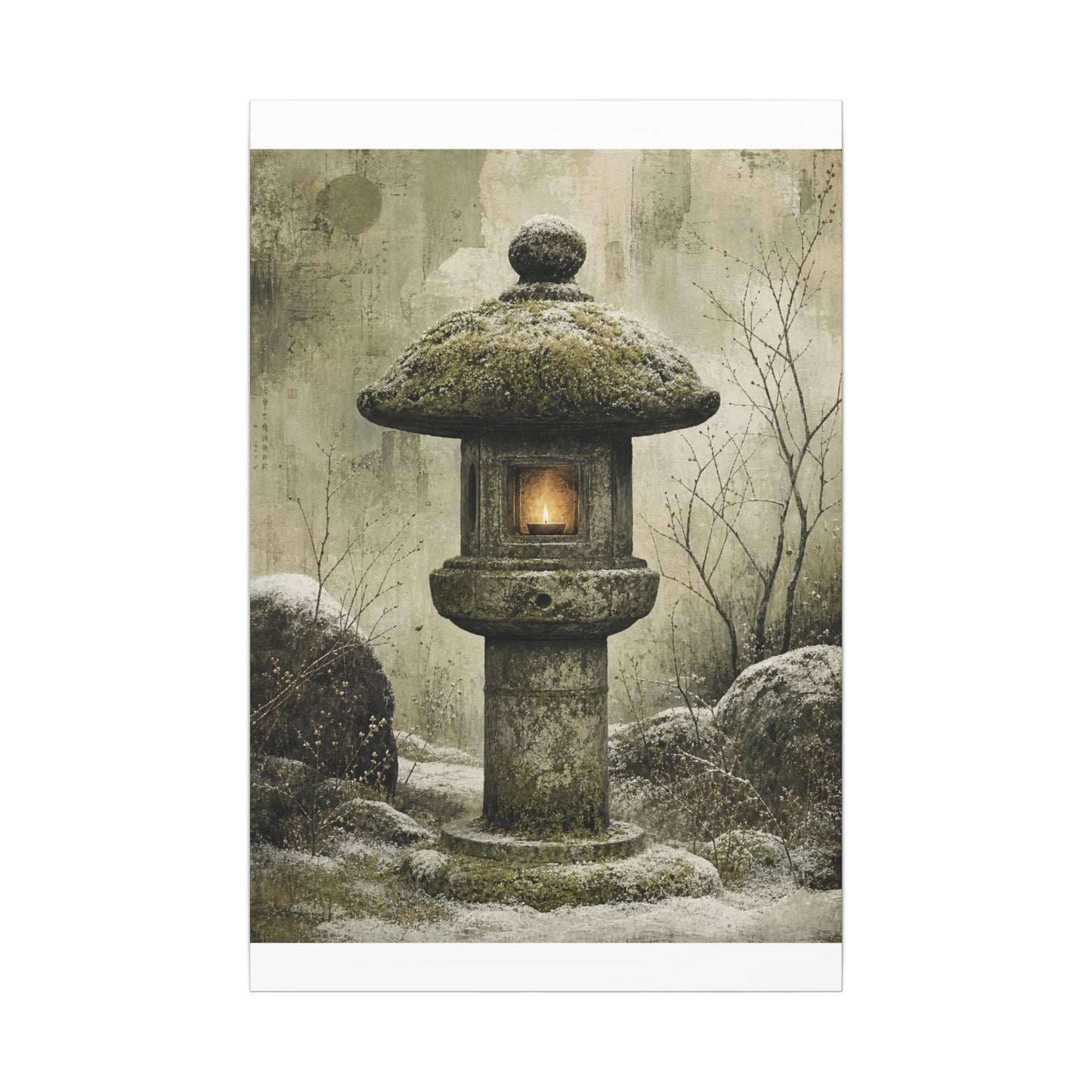 Stone Lantern Winter Canvas Art | Japandi Neutral Design