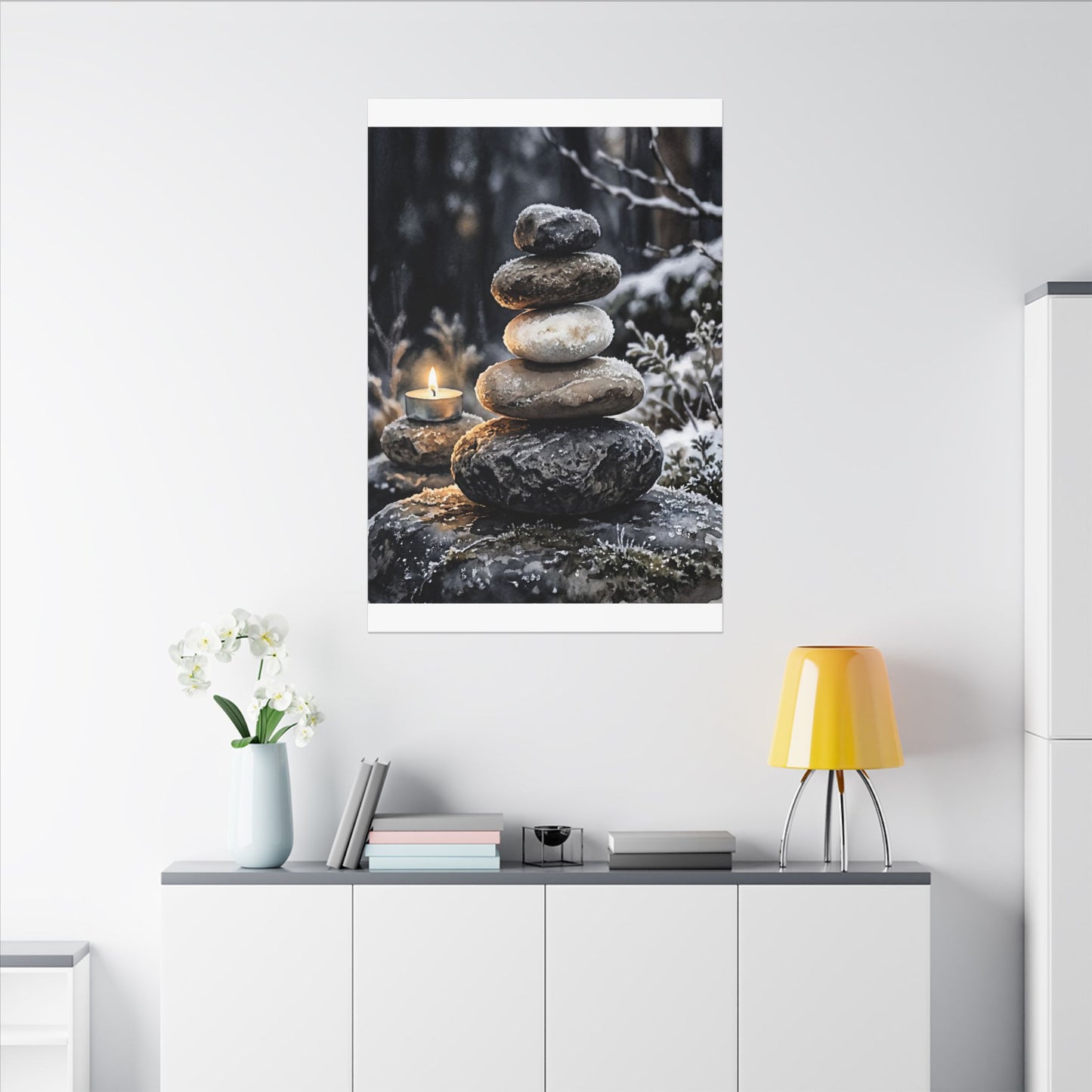 River Stones Canvas Art | Winter Japandi Watercolor Art