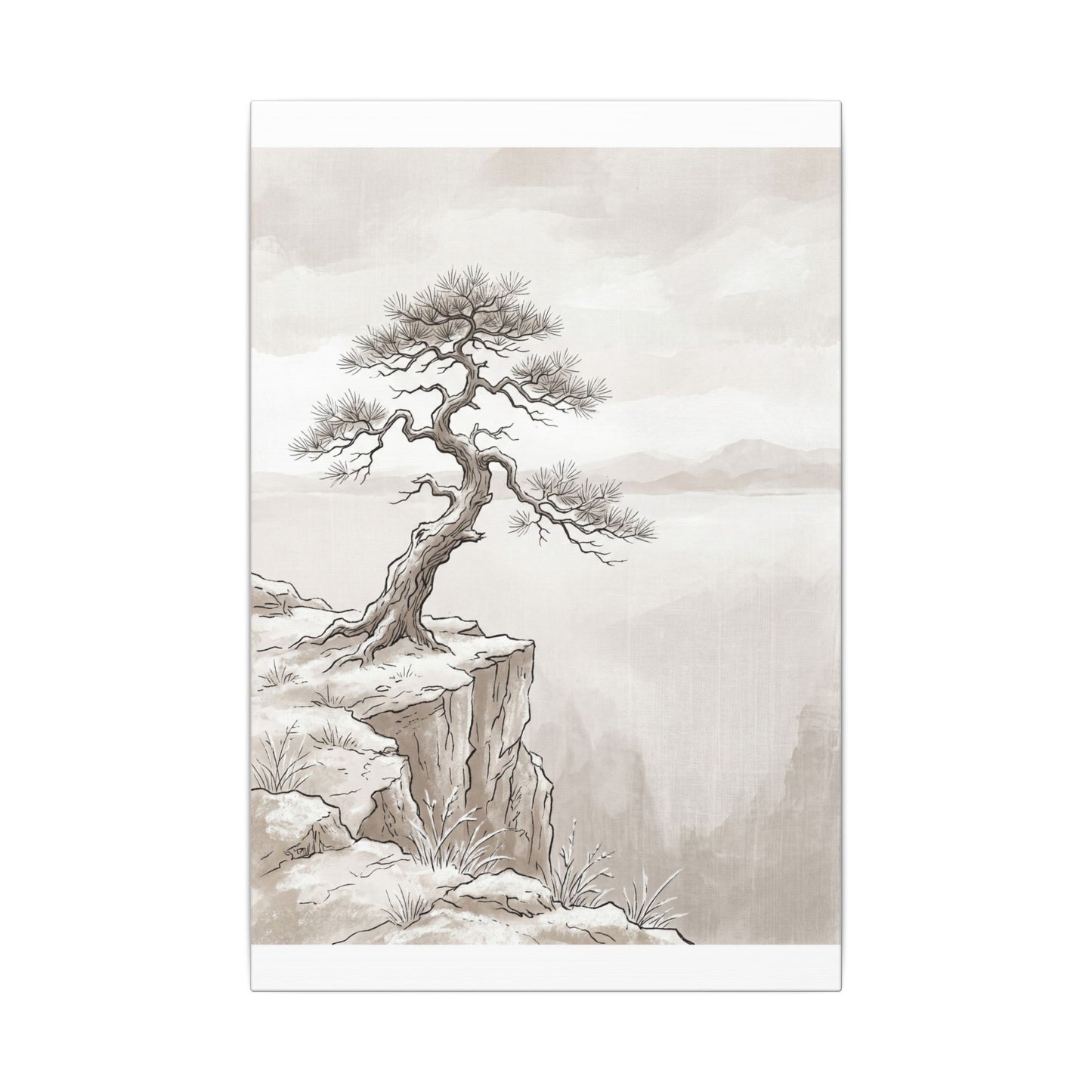 Neutral Pine Tree Canvas Art - Minimal Line Japandi