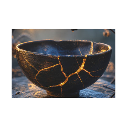Ceramic Bowl Canvas Art | Winter Kintsugi Gold Repair Art