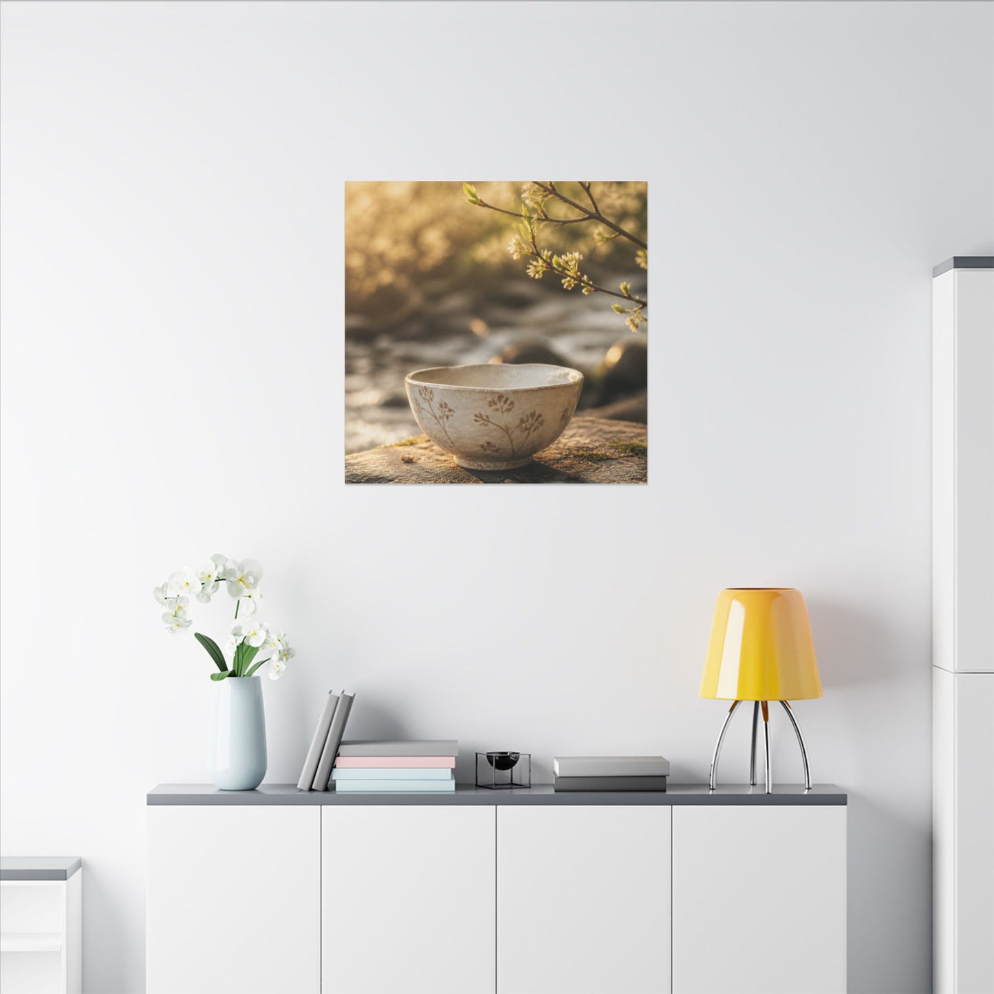Neutral Ceramic Bowl Canvas Art - Japanese Pattern Japandi