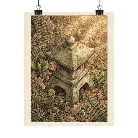Rustic Stone Lantern Wall Art Print - Vintage Botanical Cottagecore