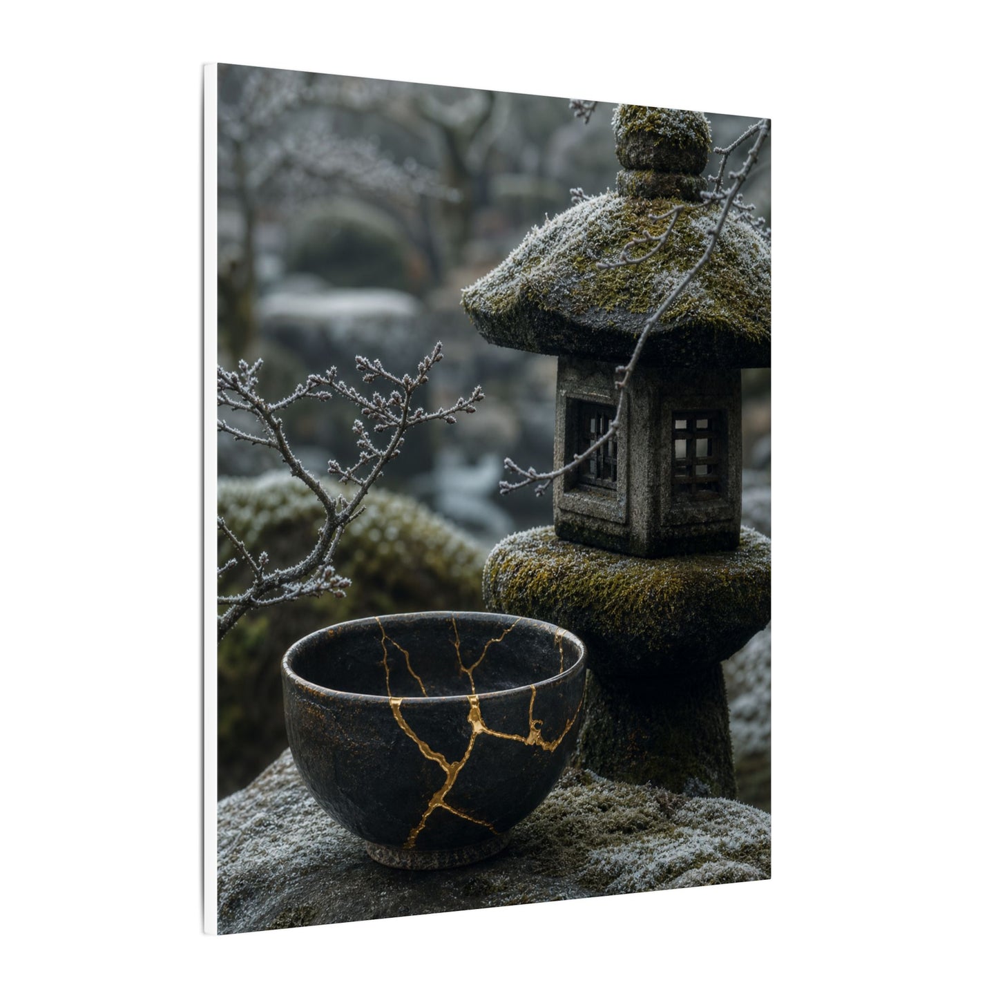 Stone Lantern Canvas Art | Winter Kintsugi Gold Repair Art