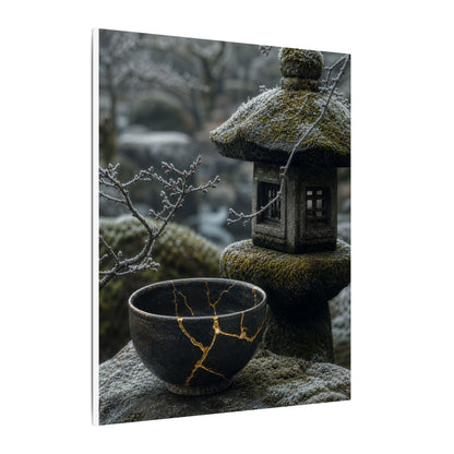 Stone Lantern Canvas Art | Winter Kintsugi Gold Repair Art