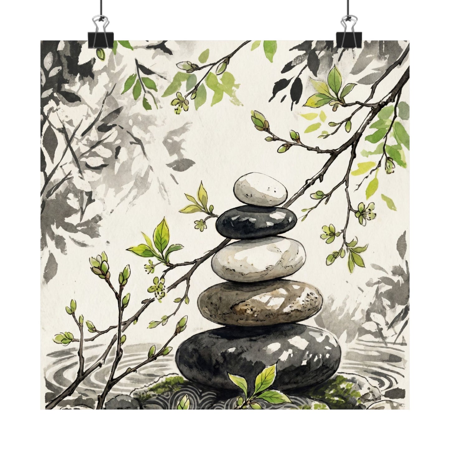 River Stones Spring Wall Art Print | Japandi Warm Design