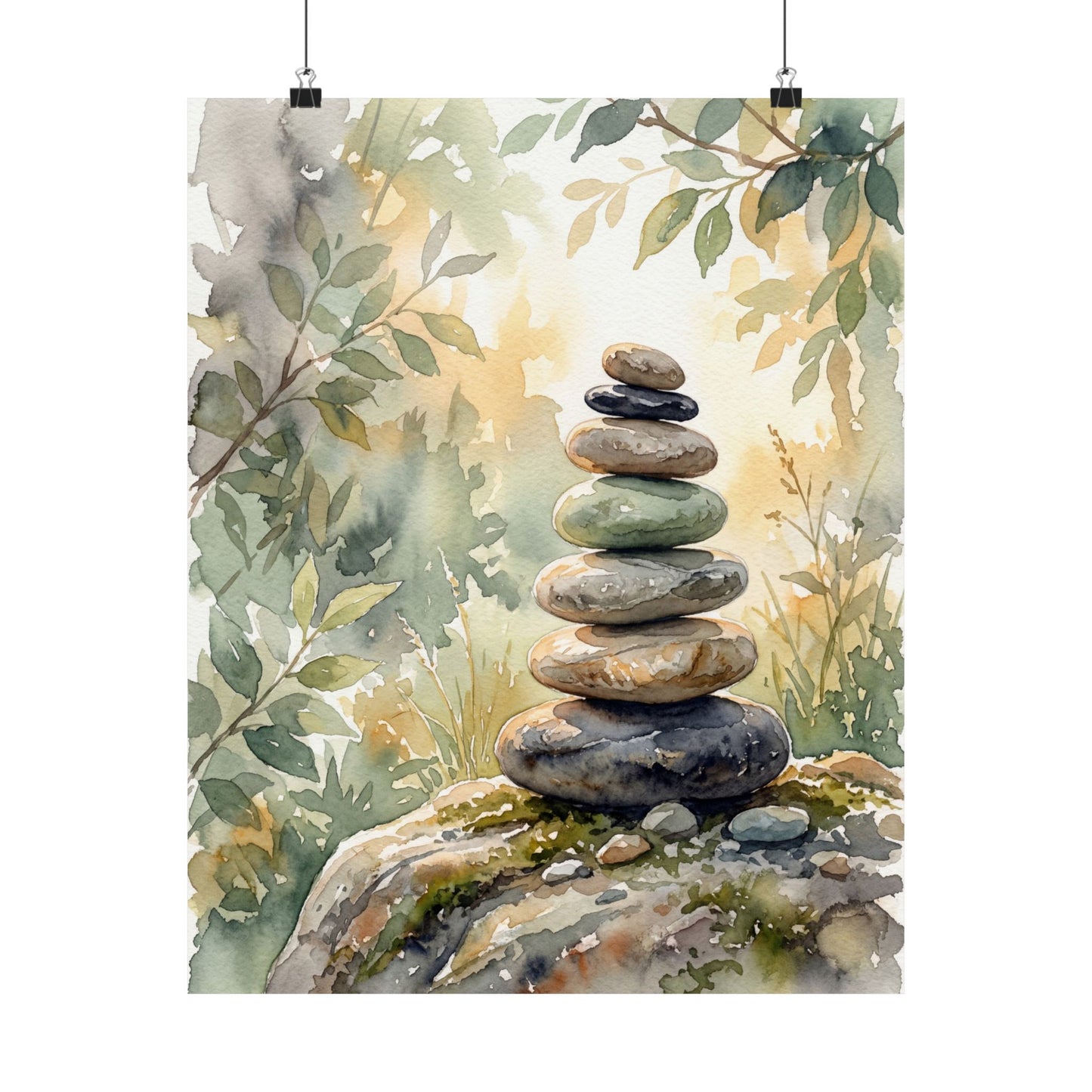 River Stones Wall Art Print | Summer Japandi Watercolor Art Art Print