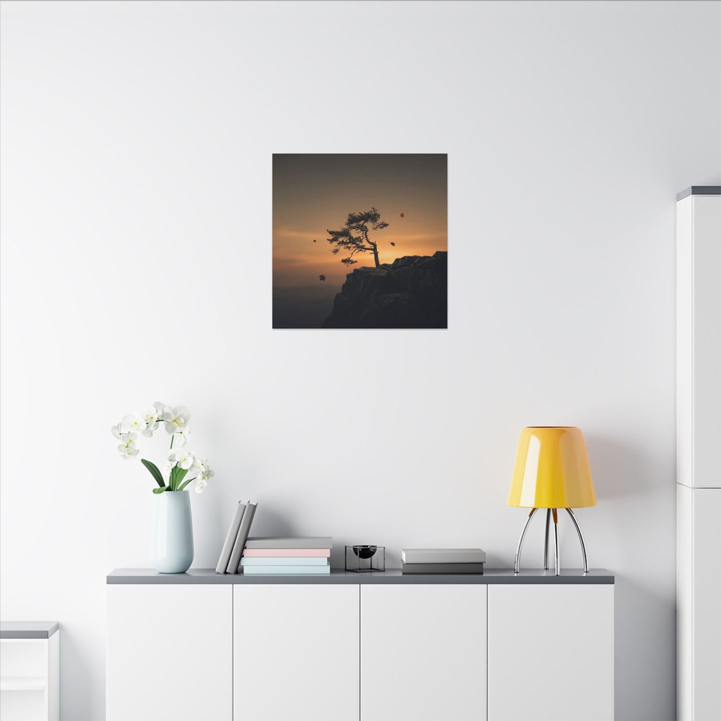 Dark Japandi Pine Tree in Golden Hour | Moody Minimal Canvas Art