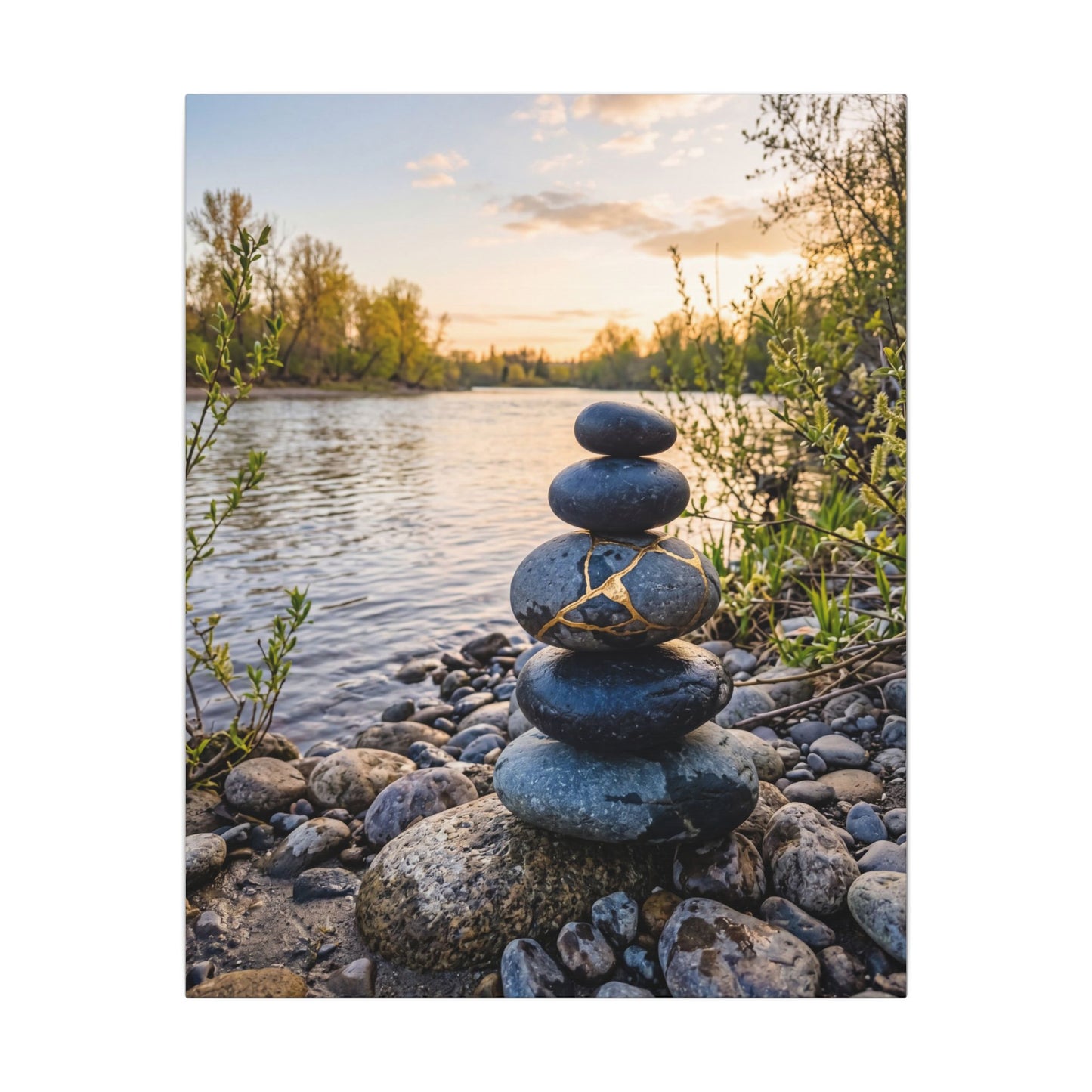 Kintsugi River Stones in Golden Hour | Gold Vein Canvas Art