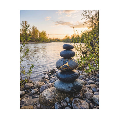 Kintsugi River Stones in Golden Hour | Gold Vein Canvas Art
