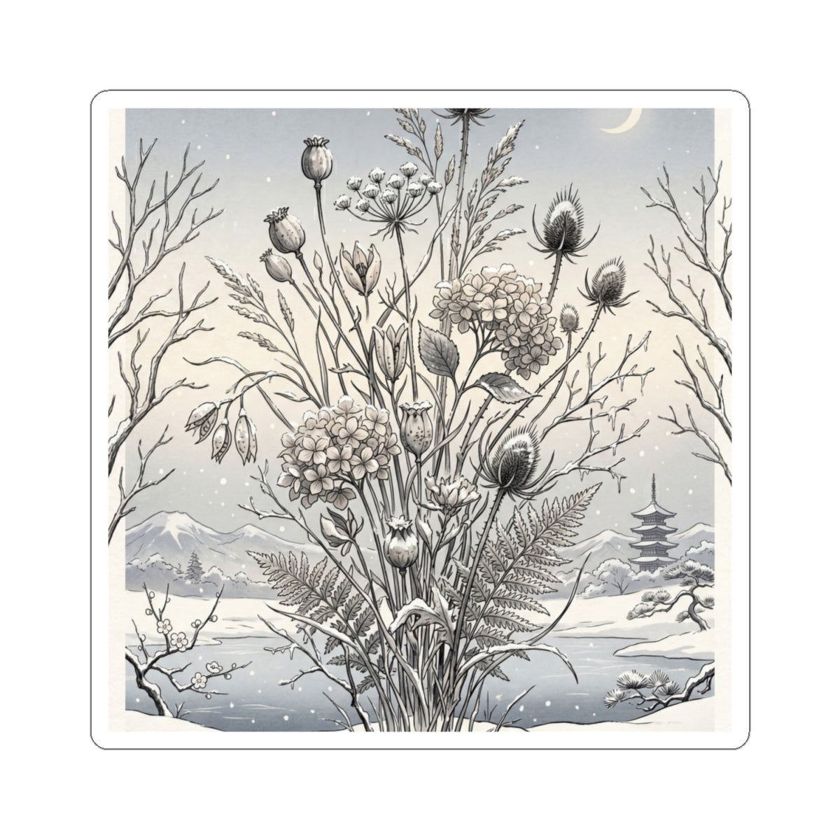Seijaku Dried Flowers Sticker - Zen Ukiyo E Inspired