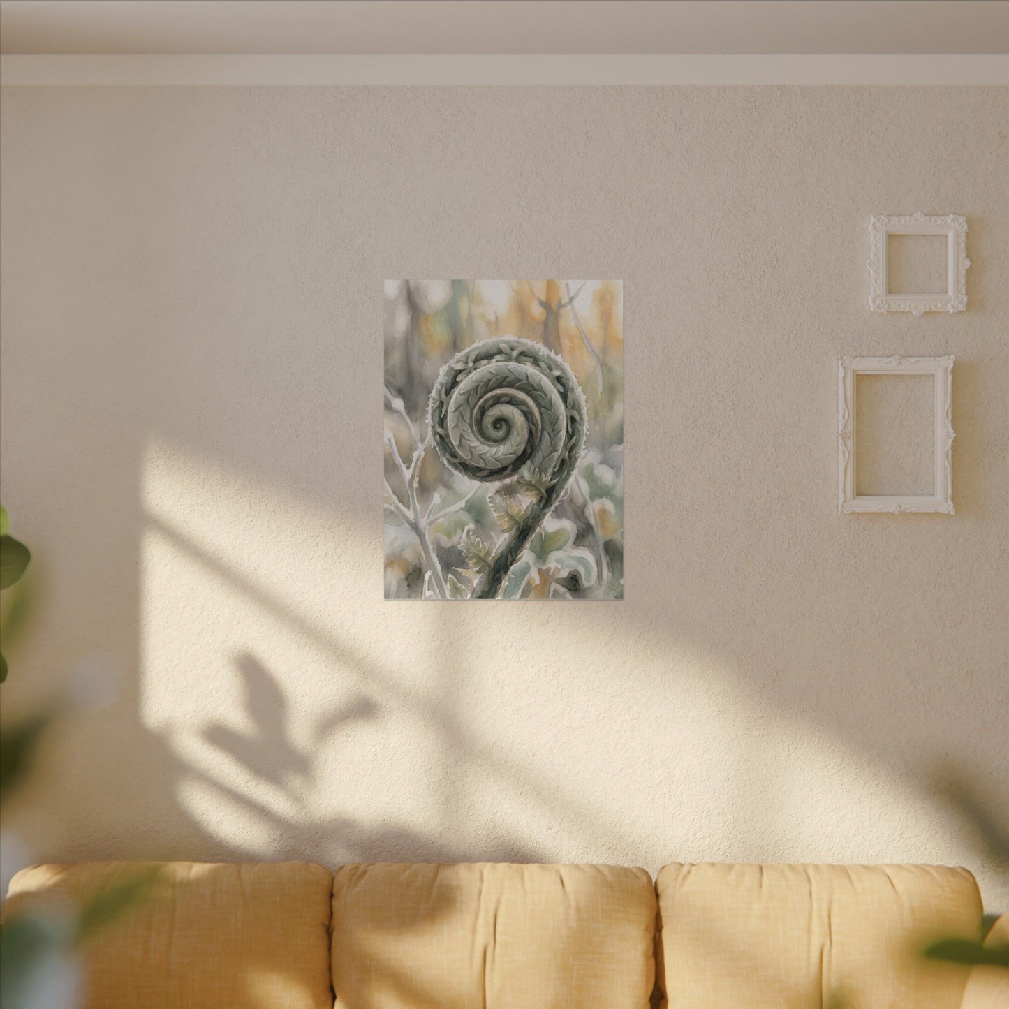 Winter Fern Unfurling Watercolor Canvas Art | Cozy Decor