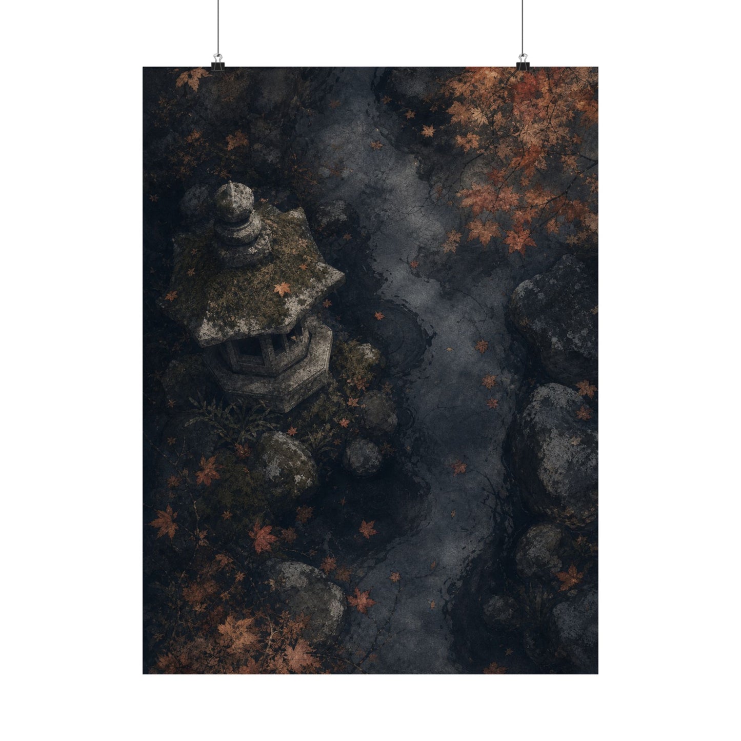 Japandi Stone Lantern in Moonlight | Texture Wall Art Print
