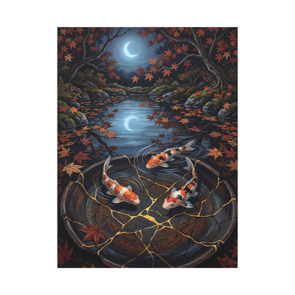 Koi Pond Canvas Art | Autumn Kintsugi Gold Repair Art