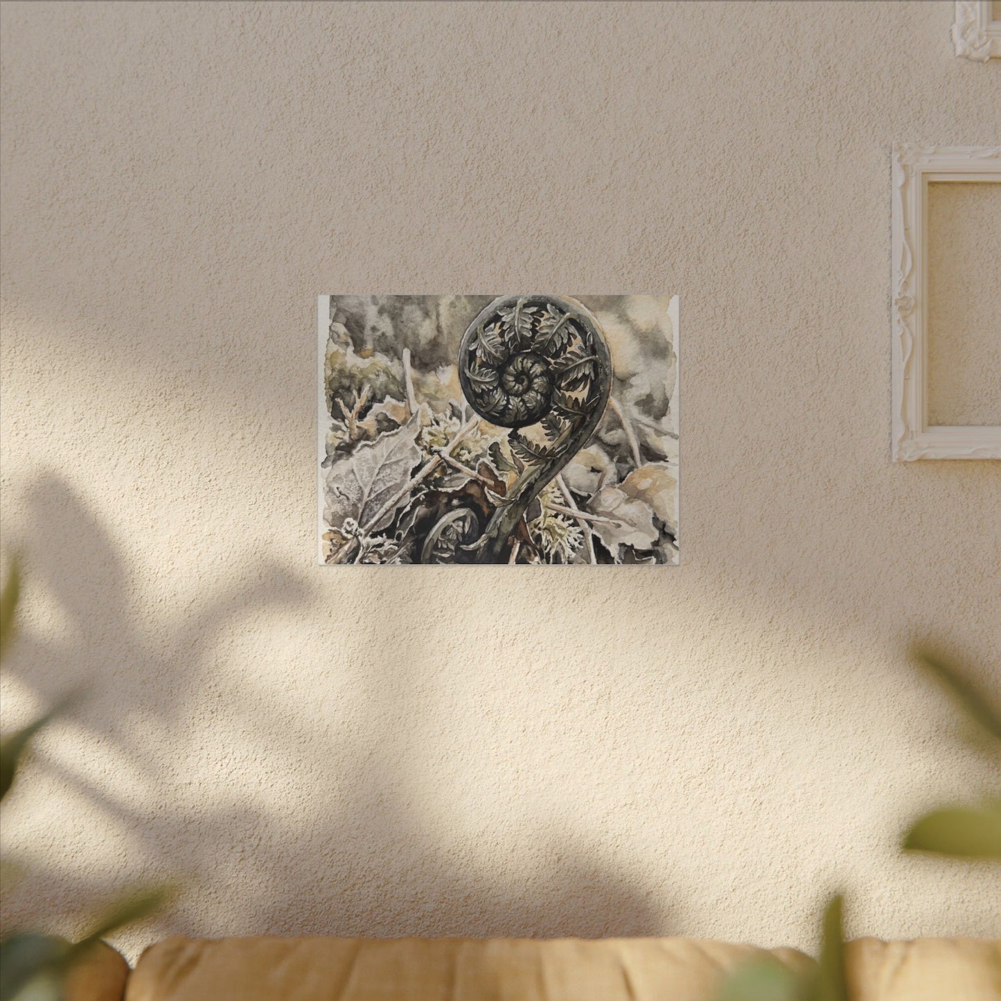 Japandi Fern Unfurling in Golden Hour | Watercolor Canvas Art