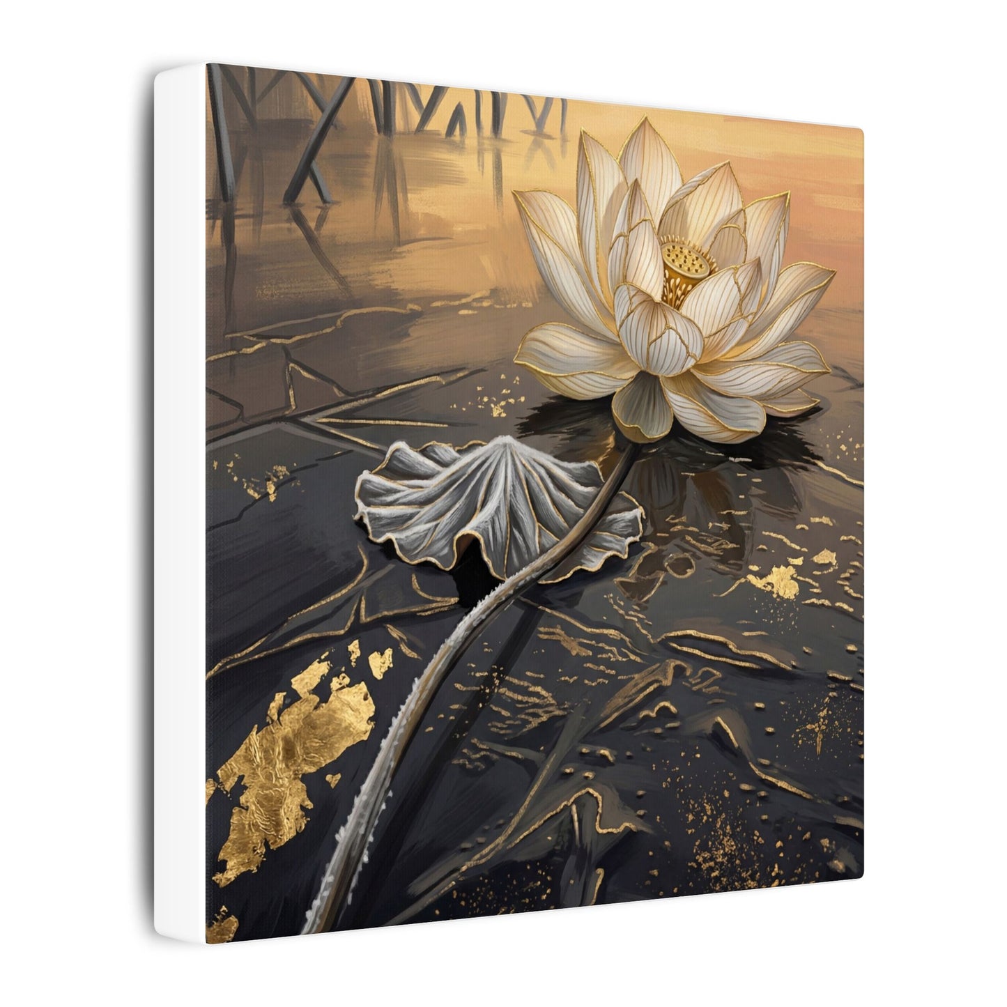 Kintsugi Lotus Flower in Golden Hour | Gold Vein Canvas Art