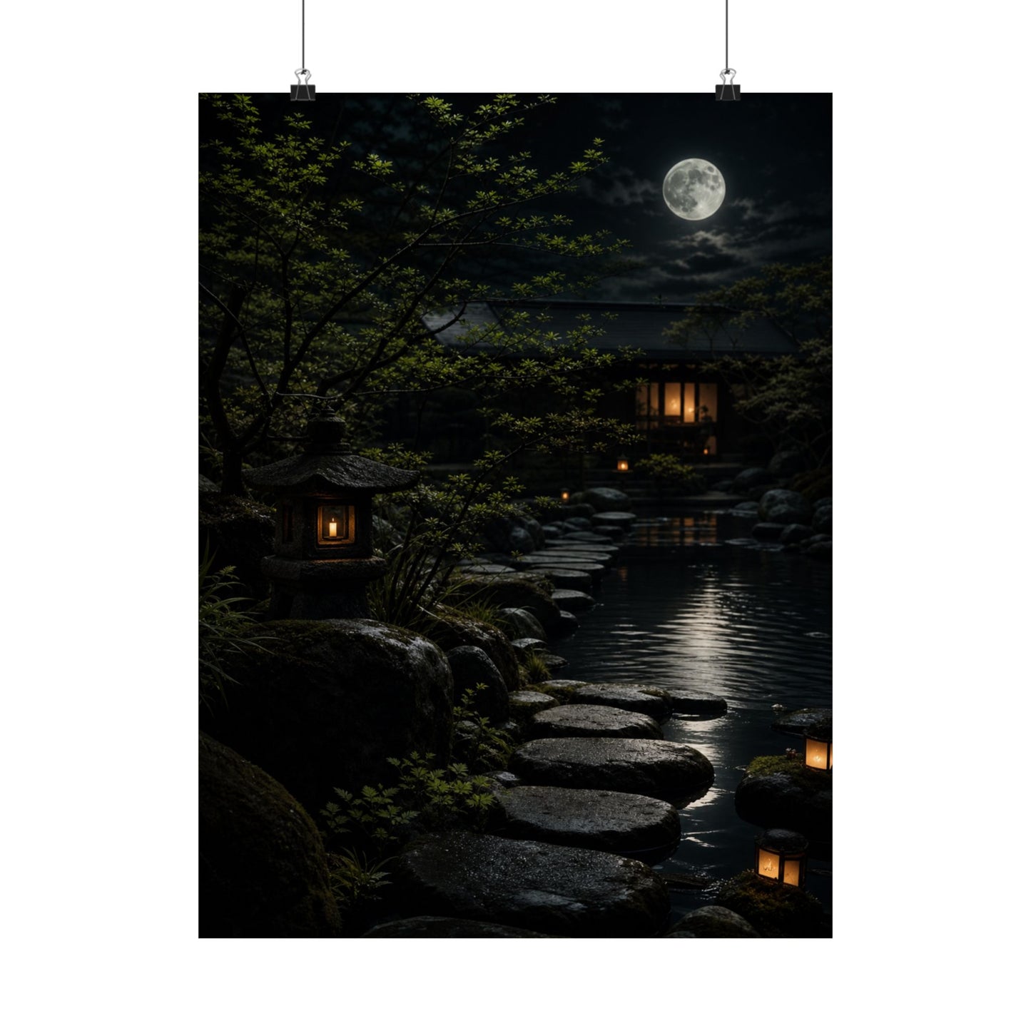 Ma Moonlit Garden Wall Art Print - Dark Japandi Shadow Zen