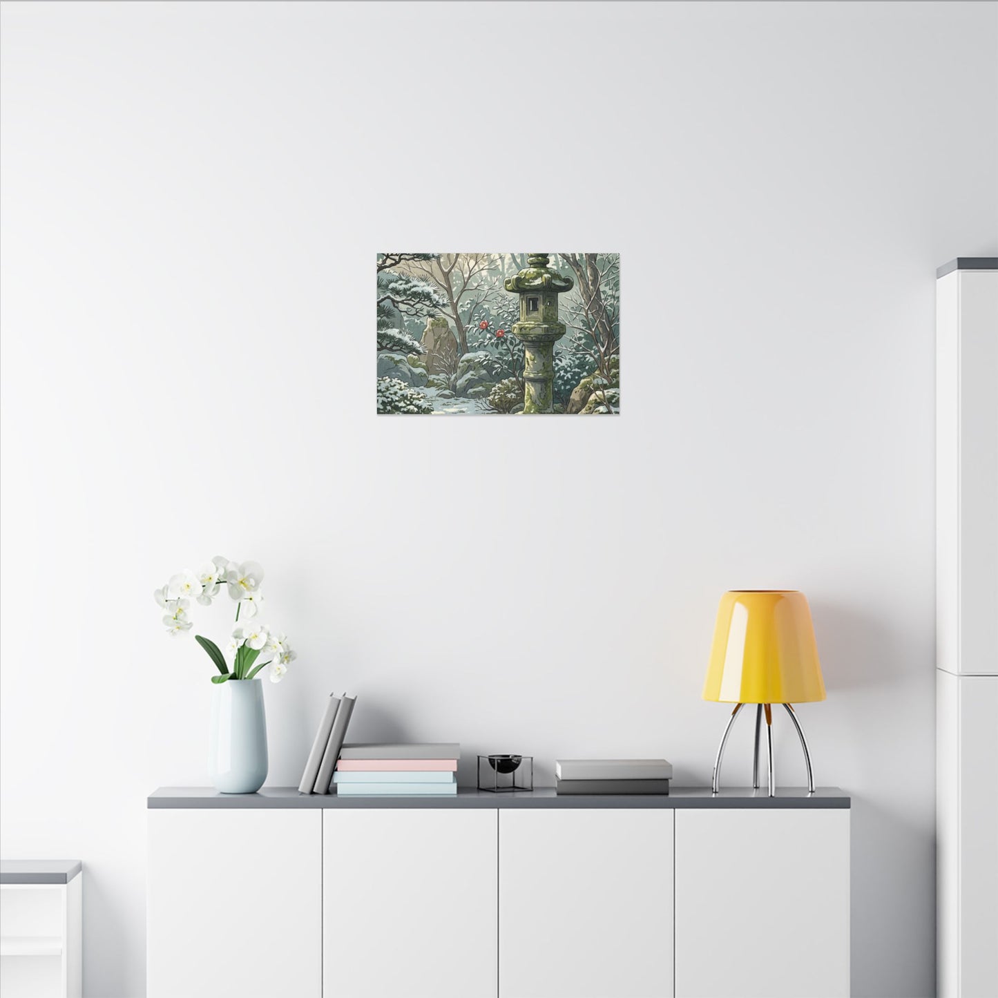 Stone Lantern Winter Canvas Art | Japandi Warm Design
