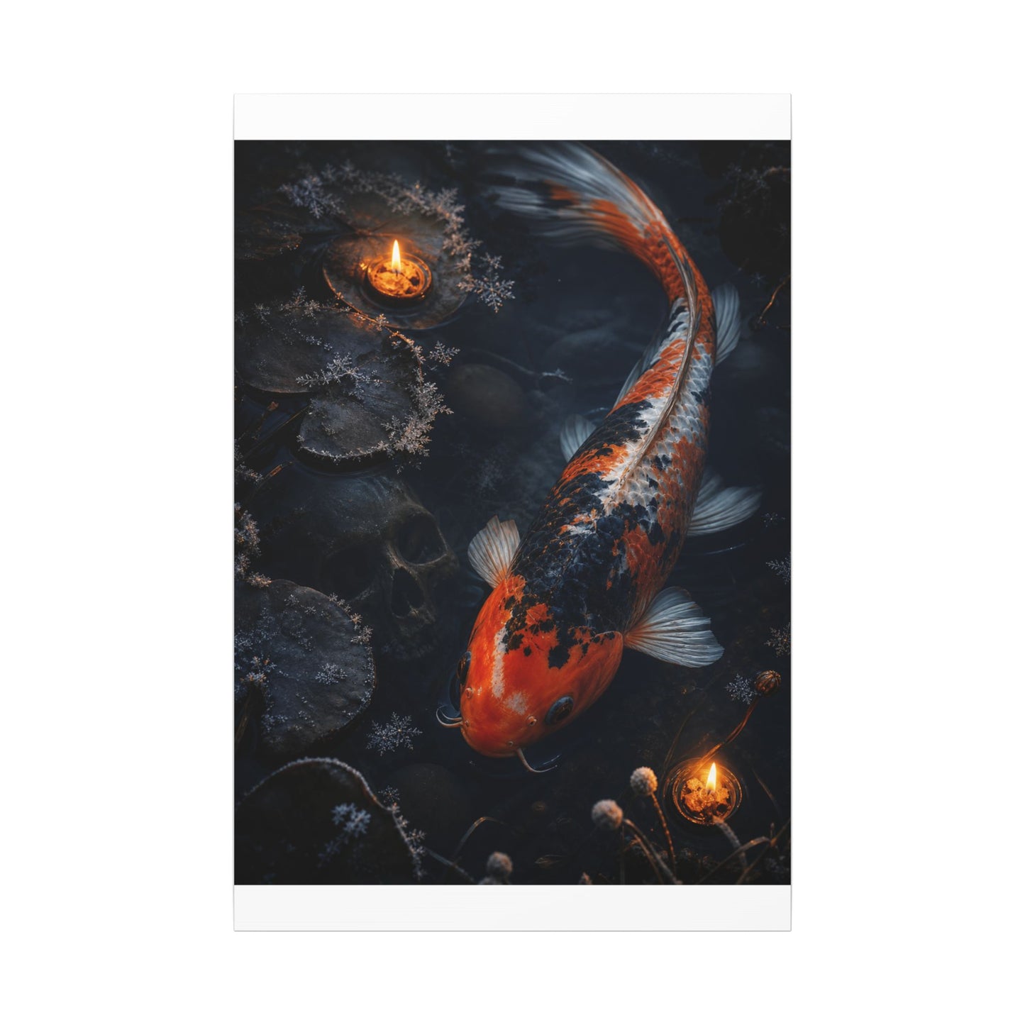 Koi Pond Canvas Art | Winter Dark Japandi Shadow Zen Art